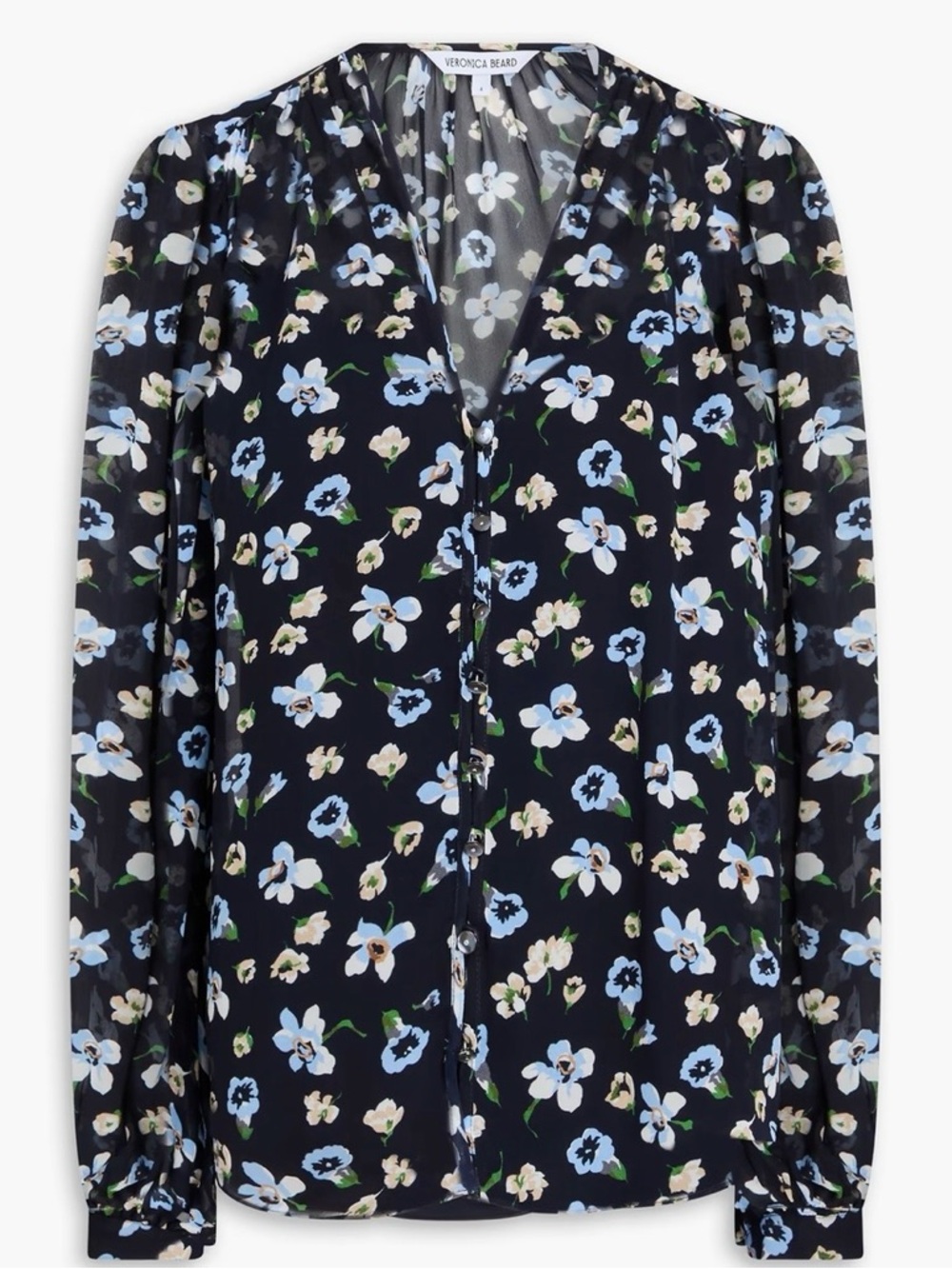 Veronica Beard Alec Silk Blouse 10 Black Floral Sheer V Neck Top - Picture 2 of 13